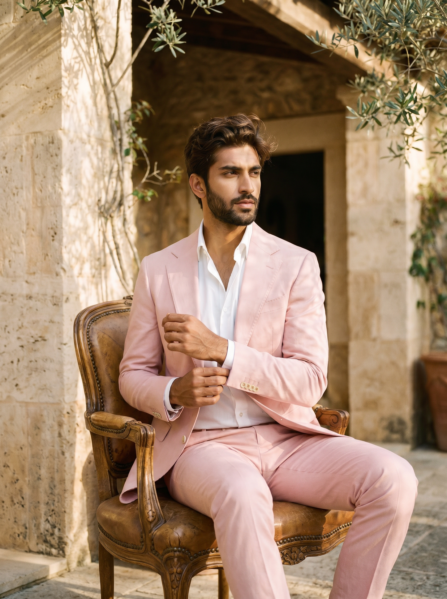 Light Pink Cotton Suit — Custom Made to Measure - seated view