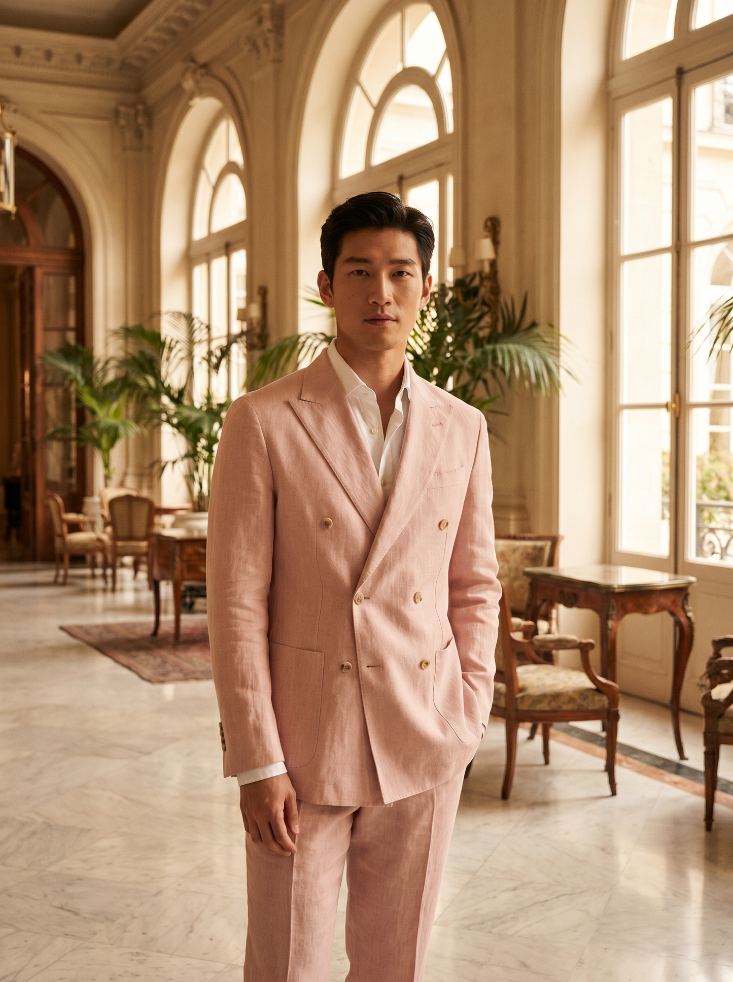 Light Pink Linen Double Breasted Suit — Custom Made to Measure - front view