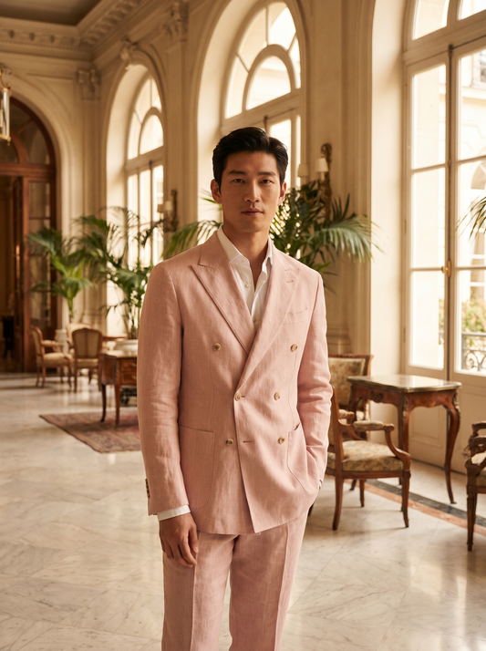 Light Pink Linen Double Breasted Suit — Custom Made to Measure - front view