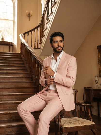 Light Pink Linen Groomsmen Suit — Custom Made to Measure - seated view
