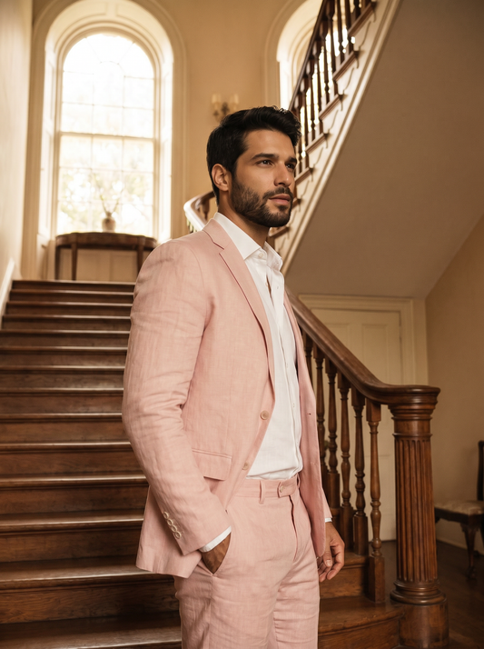 Light Pink Linen Groomsmen Suit — Custom Made to Measure - side view