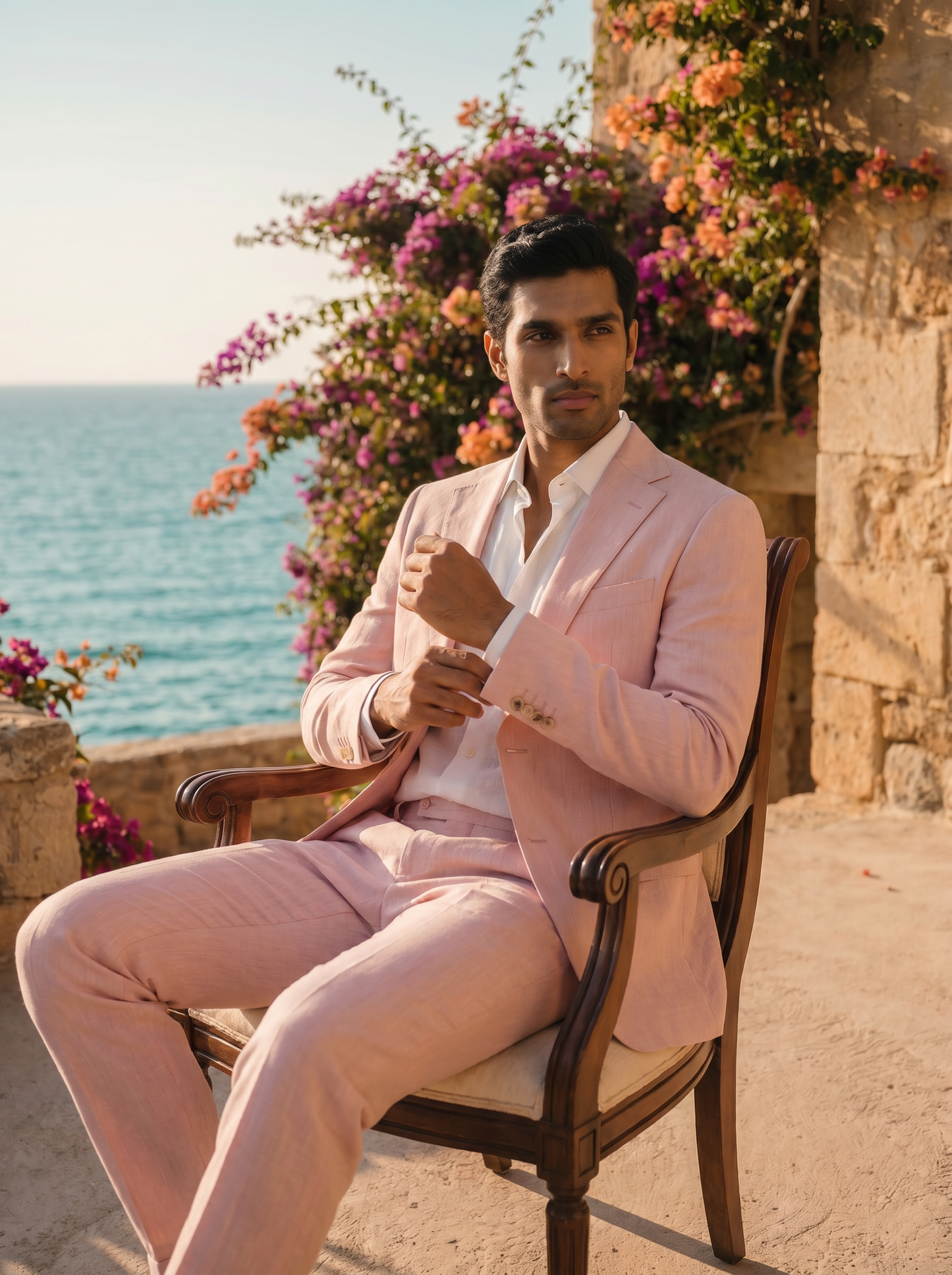 Light Pink Linen Suit — Custom Made to Measure - seated view
