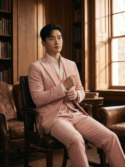 Light Pink Velvet 3-Piece Suit — Custom Made to Measure - seated view