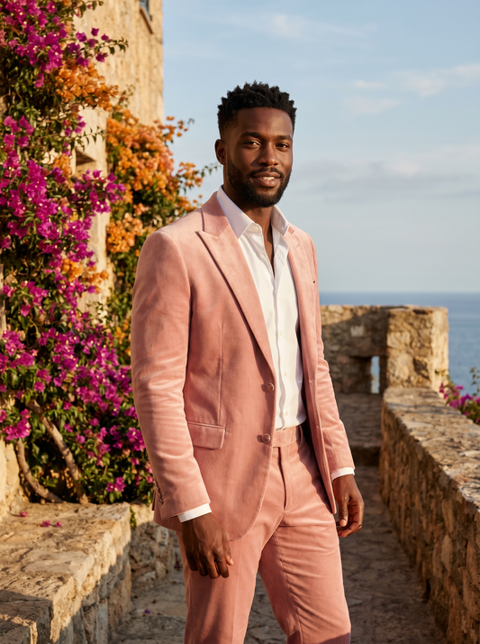 Light Pink Velvet Groomsmen Suit — Custom Made to Measure - front view