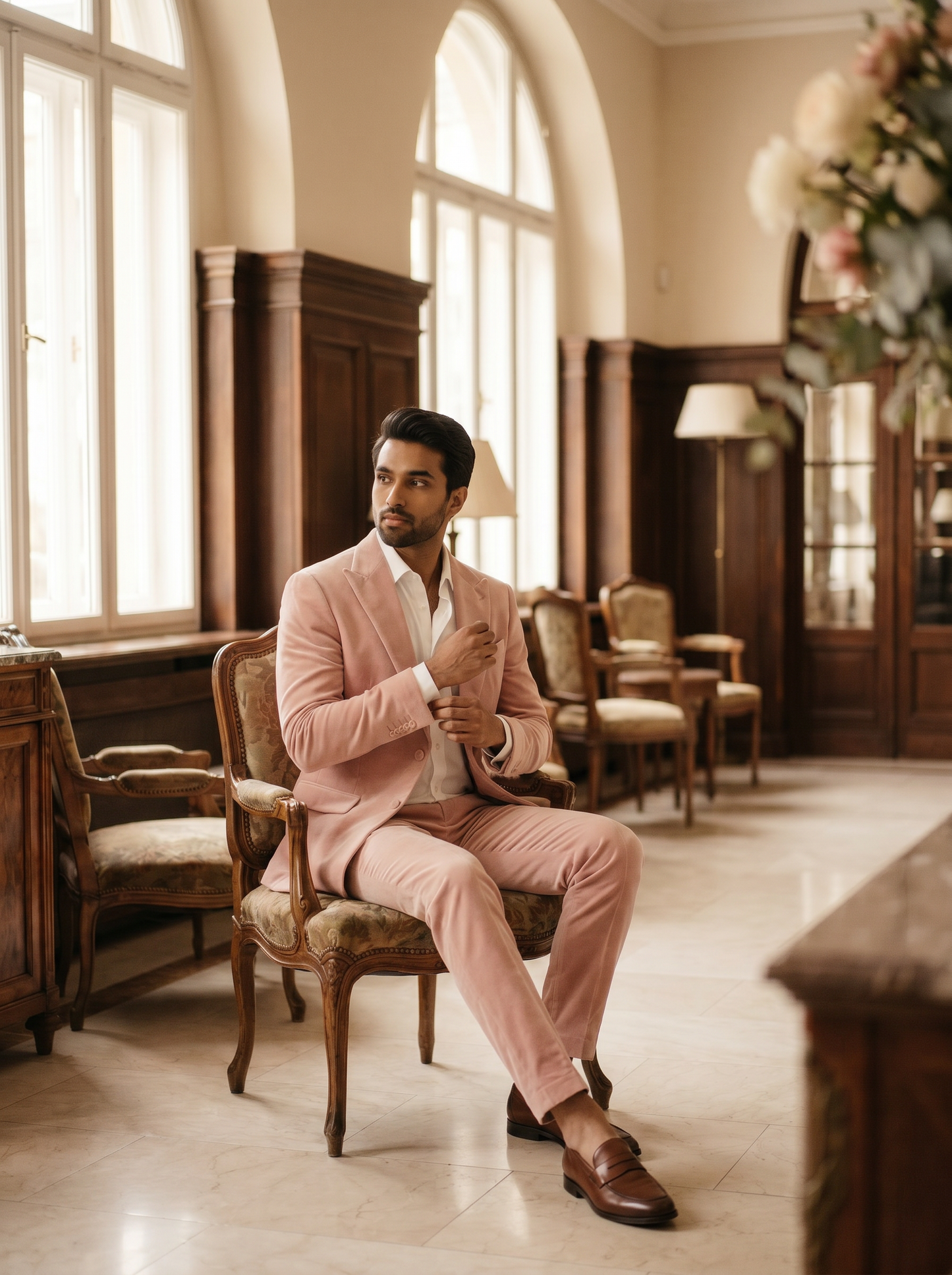 Light Pink Velvet Suit — Custom Made to Measure - seated view