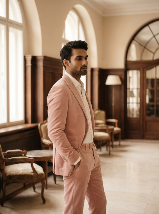 Light Pink Velvet Suit — Custom Made to Measure - side view