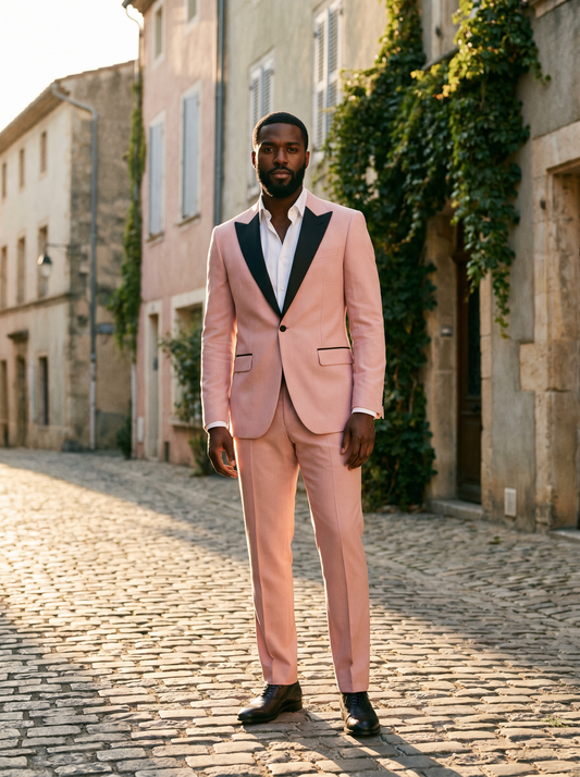 Light Pink Wool Black Tie Suit — Custom Made to Measure - front view