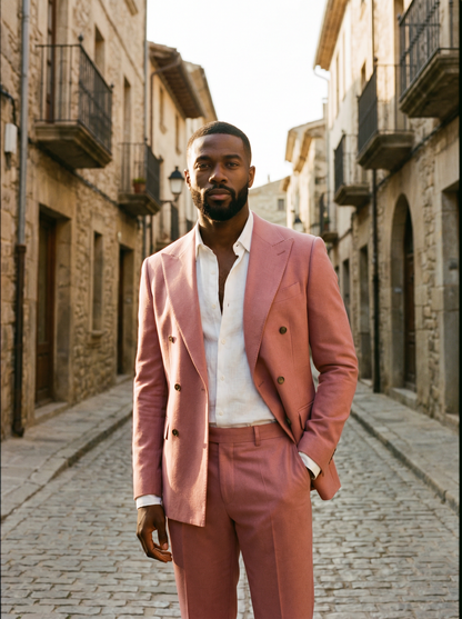 Light Pink Wool Double Breasted Suit — Custom Made to Measure - front view