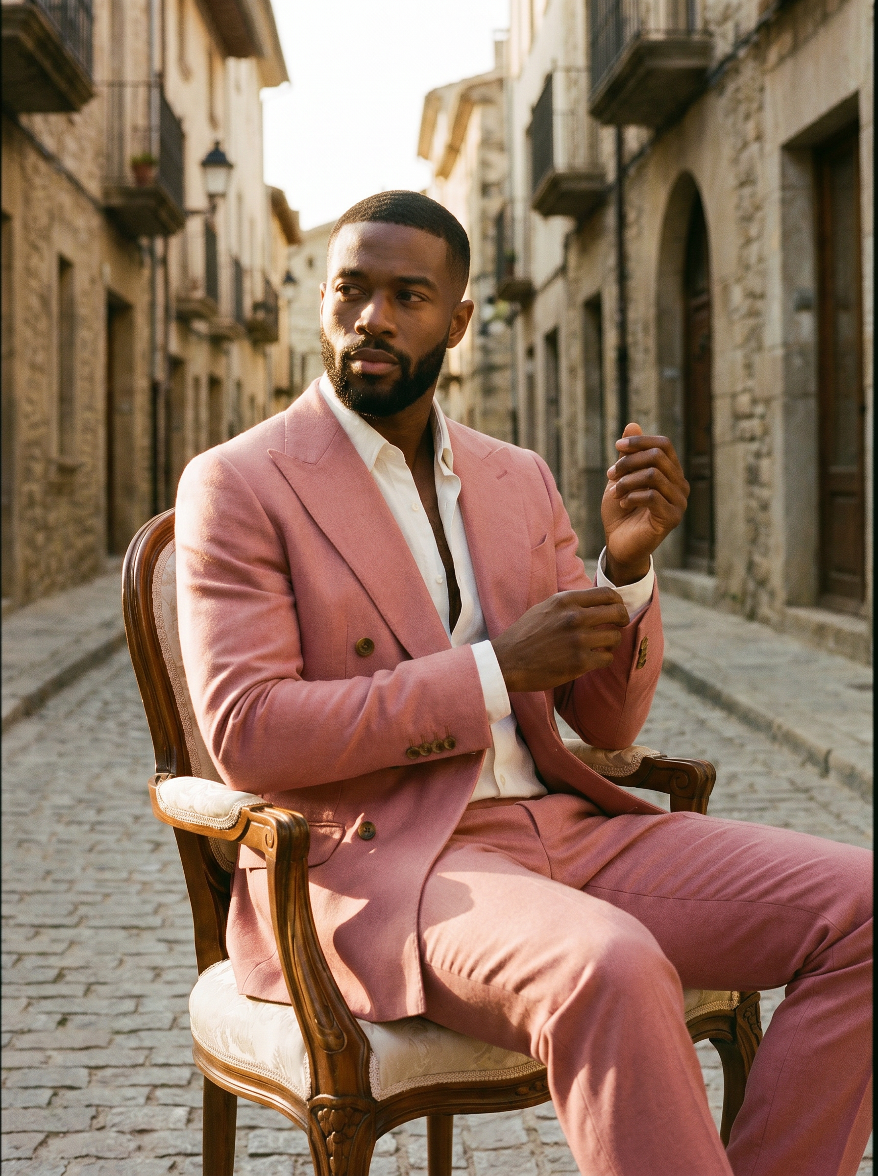 Light Pink Wool Double Breasted Suit — Custom Made to Measure - seated view