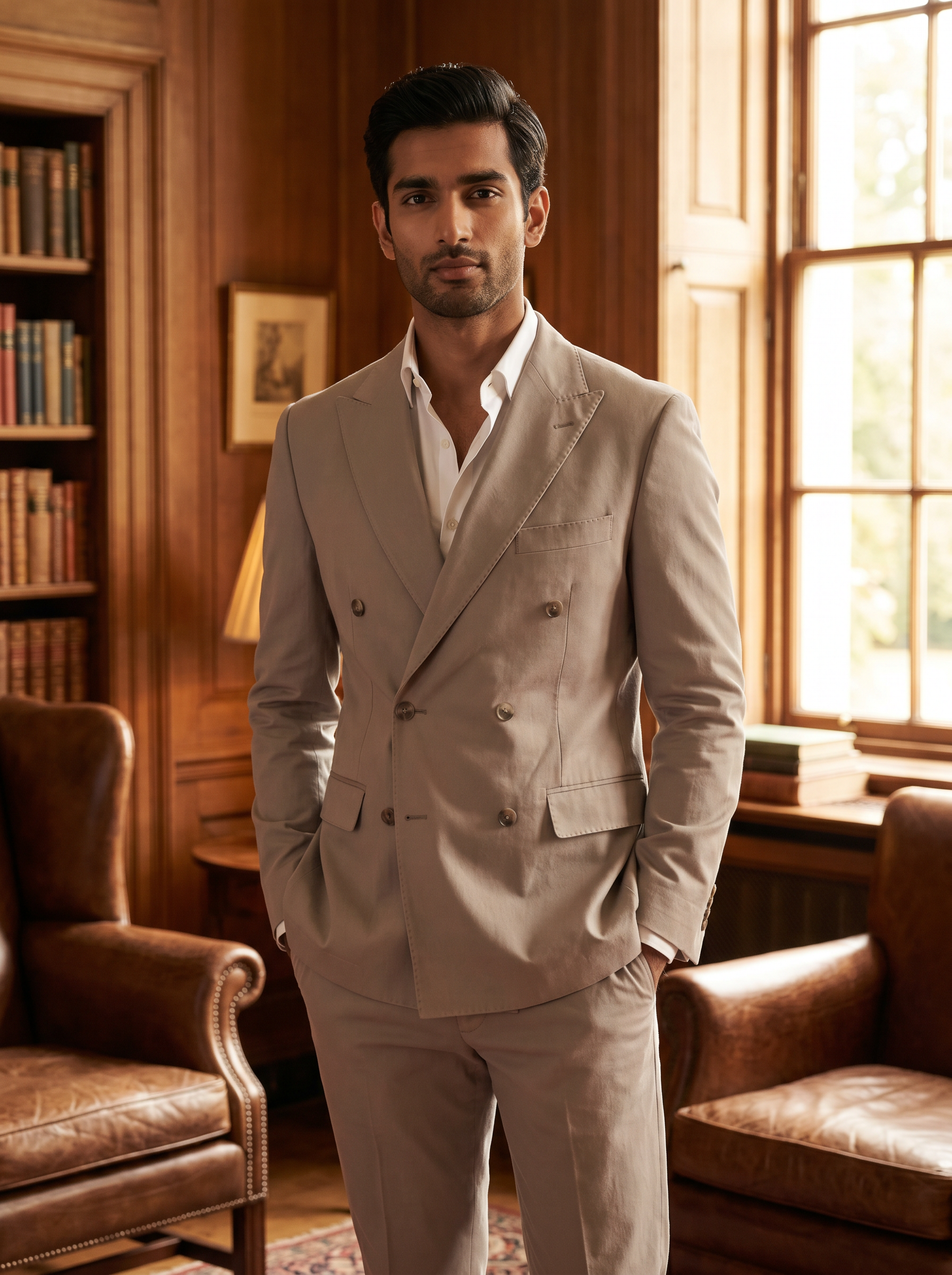 Light Taupe Cotton Double Breasted Suit — Custom Made to Measure - front view