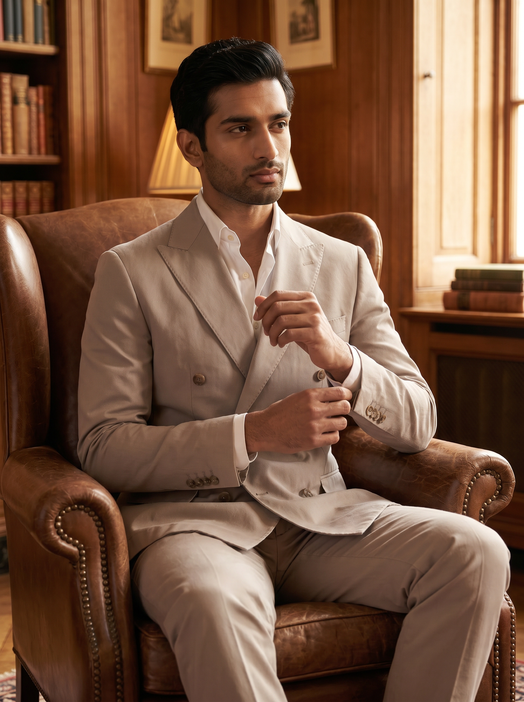 Light Taupe Cotton Double Breasted Suit — Custom Made to Measure - seated view