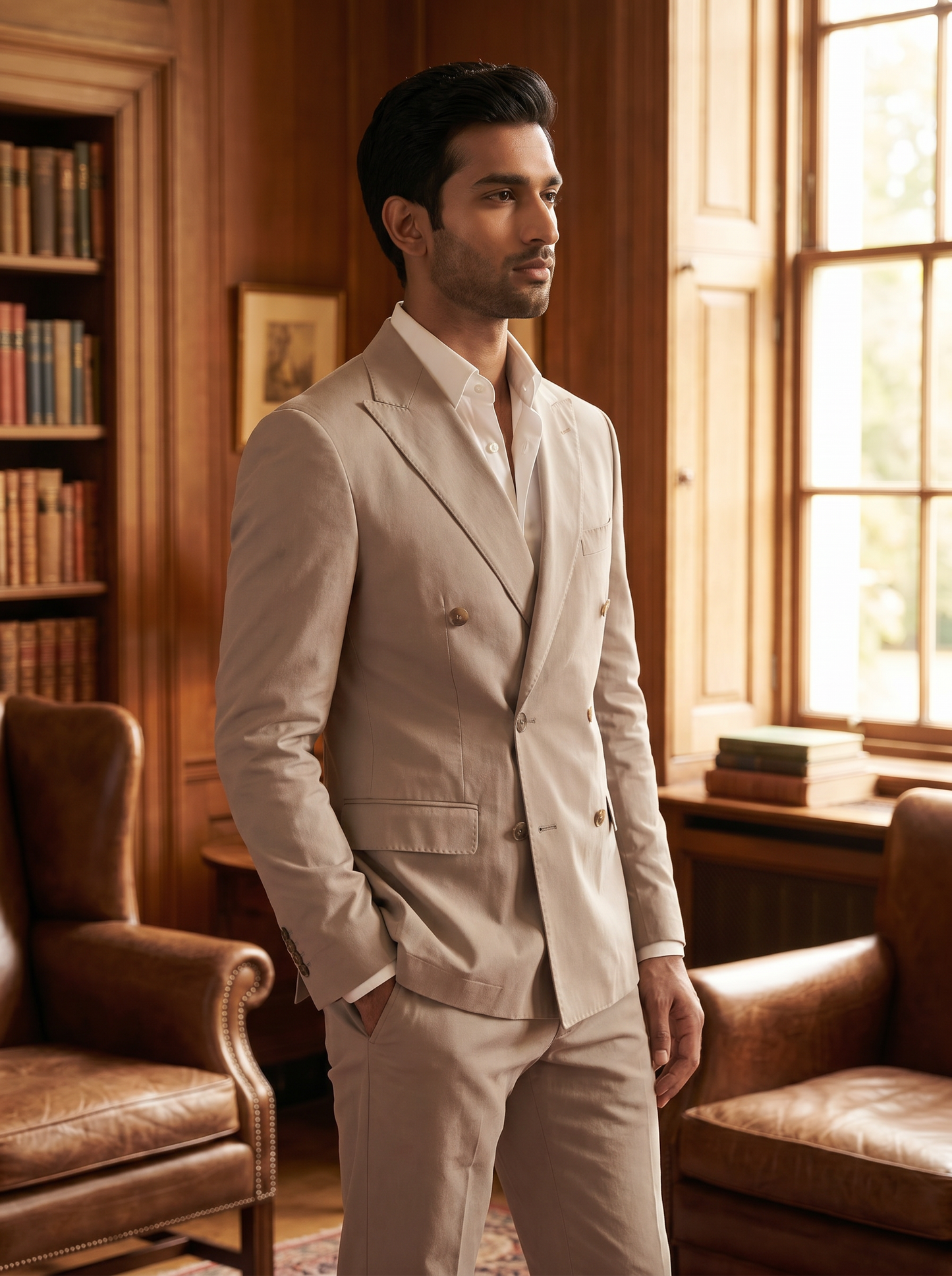 Light Taupe Cotton Double Breasted Suit — Custom Made to Measure - side view
