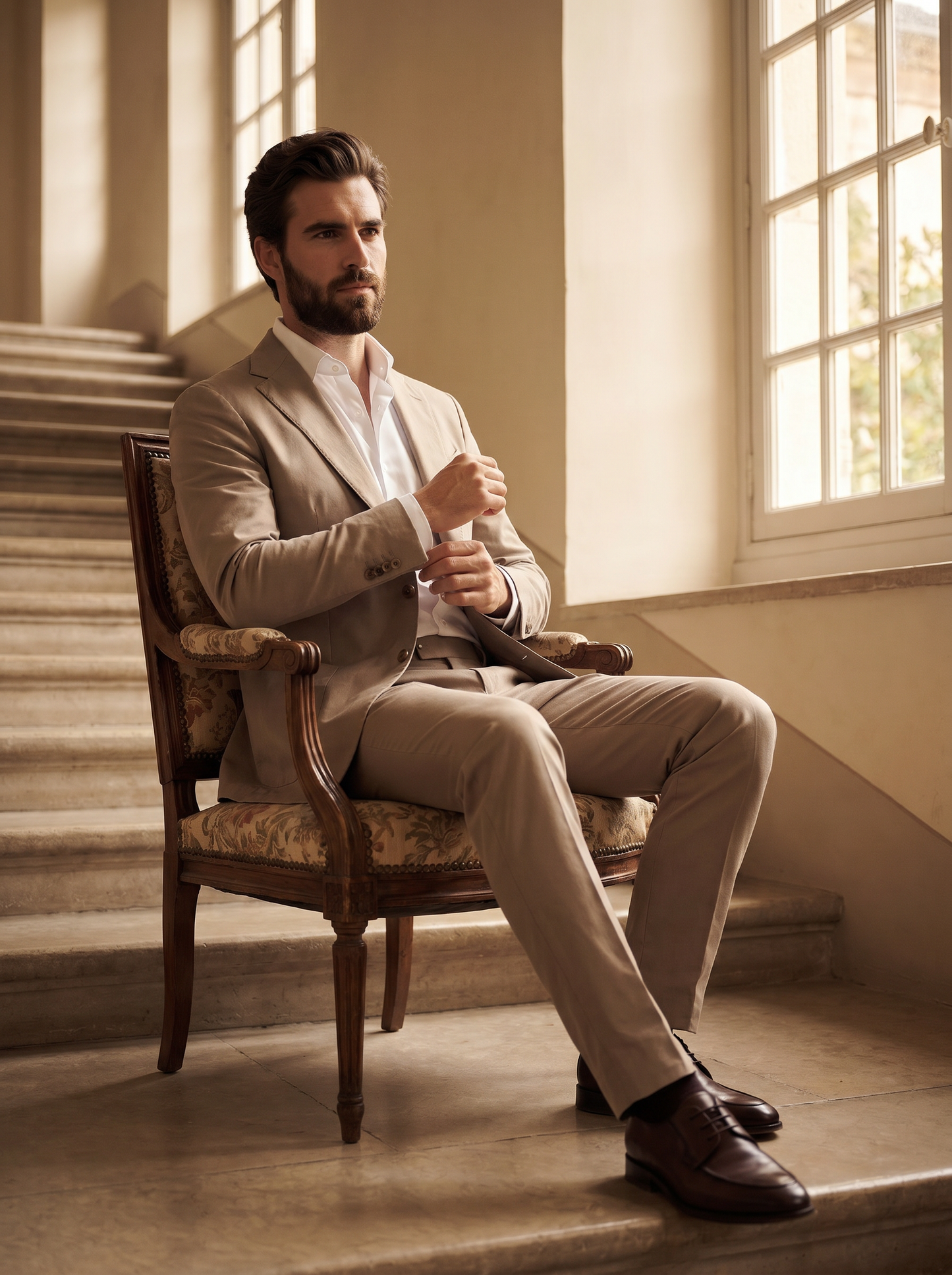 Light Taupe Cotton Suit — Custom Made to Measure - seated view