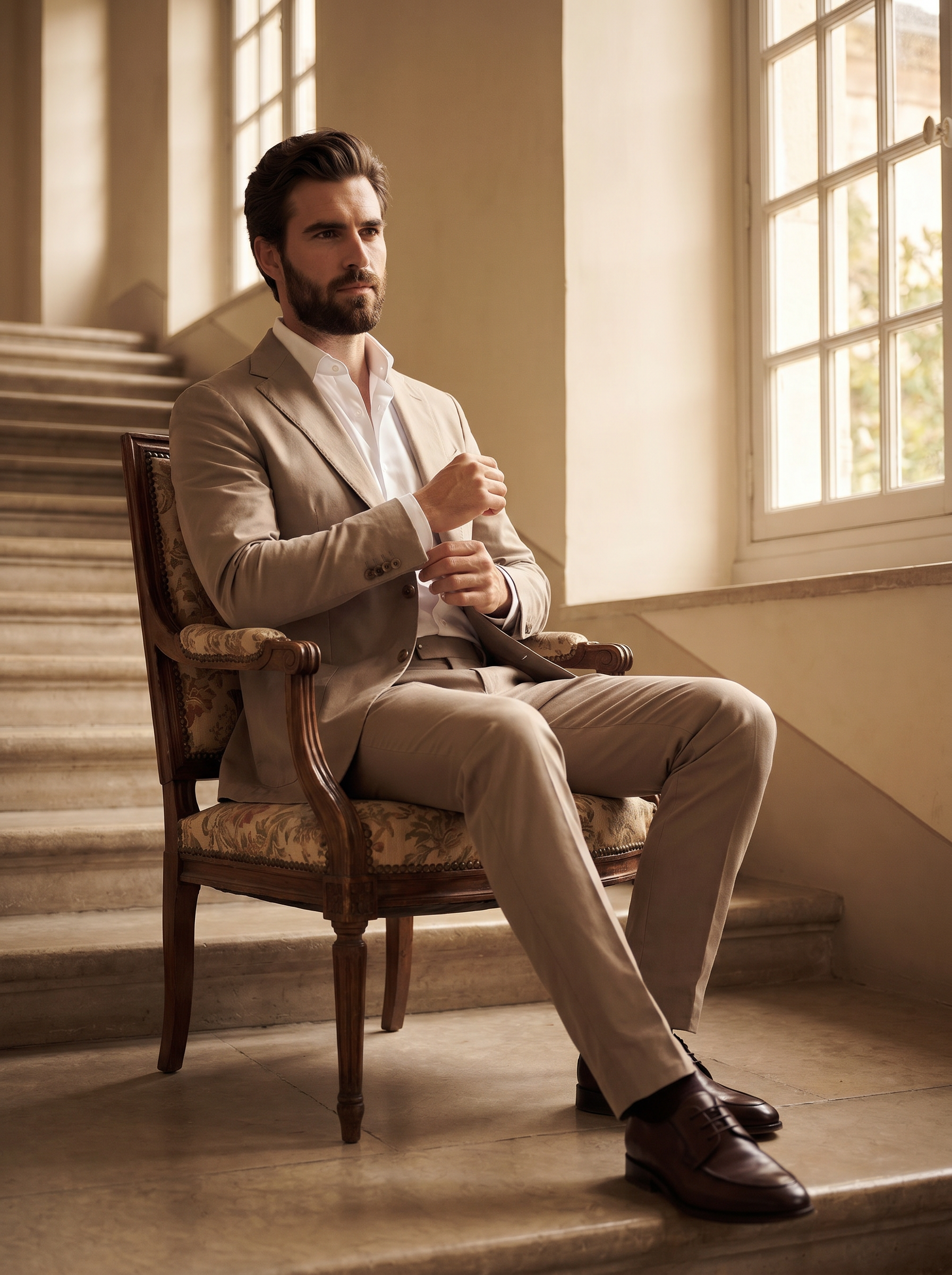 Light Taupe Cotton Suit — Custom Made to Measure - seated view
