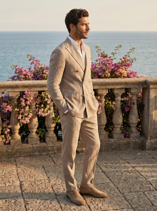 Light Taupe Linen Double Breasted Suit — Custom Made to Measure - side view