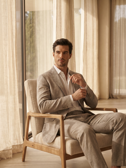 Light Taupe Linen Suit — Custom Made to Measure - seated view