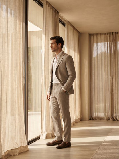 Light Taupe Linen Suit — Custom Made to Measure - side view