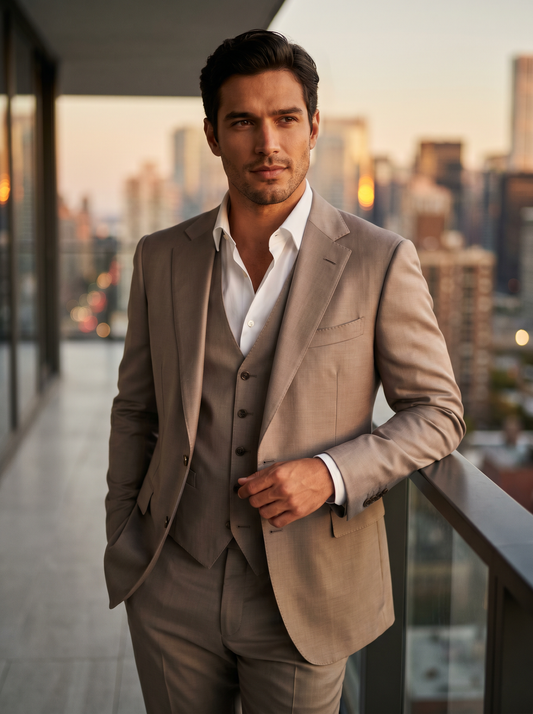 Light Taupe Silk Blend 3-Piece Suit — Custom Made to Measure - front view