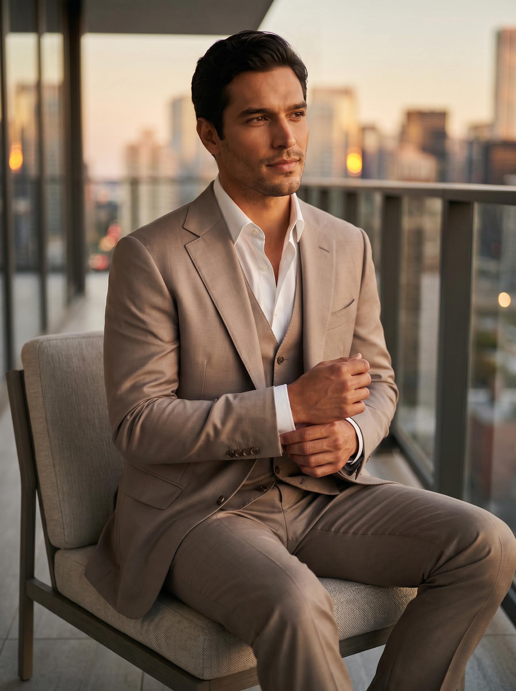 Light Taupe Silk Blend 3-Piece Suit — Custom Made to Measure - seated view
