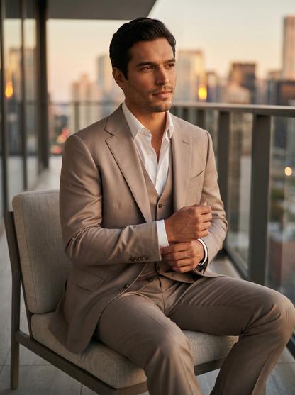 Light Taupe Silk Blend 3-Piece Suit — Custom Made to Measure - seated view