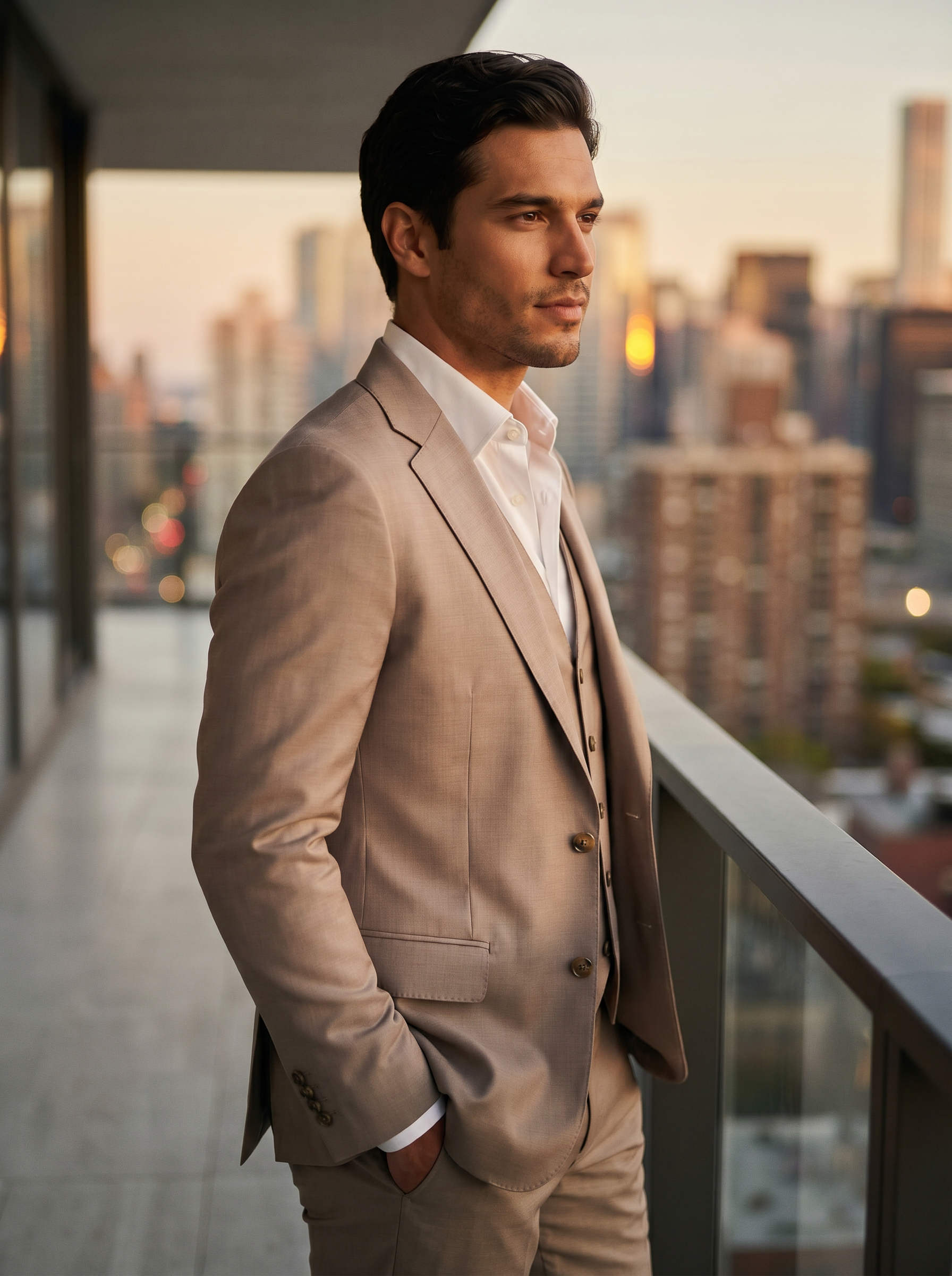 Light Taupe Silk Blend 3-Piece Suit — Custom Made to Measure - side view