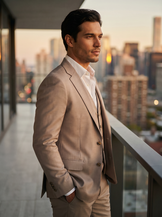 Light Taupe Silk Blend 3-Piece Suit — Custom Made to Measure - side view