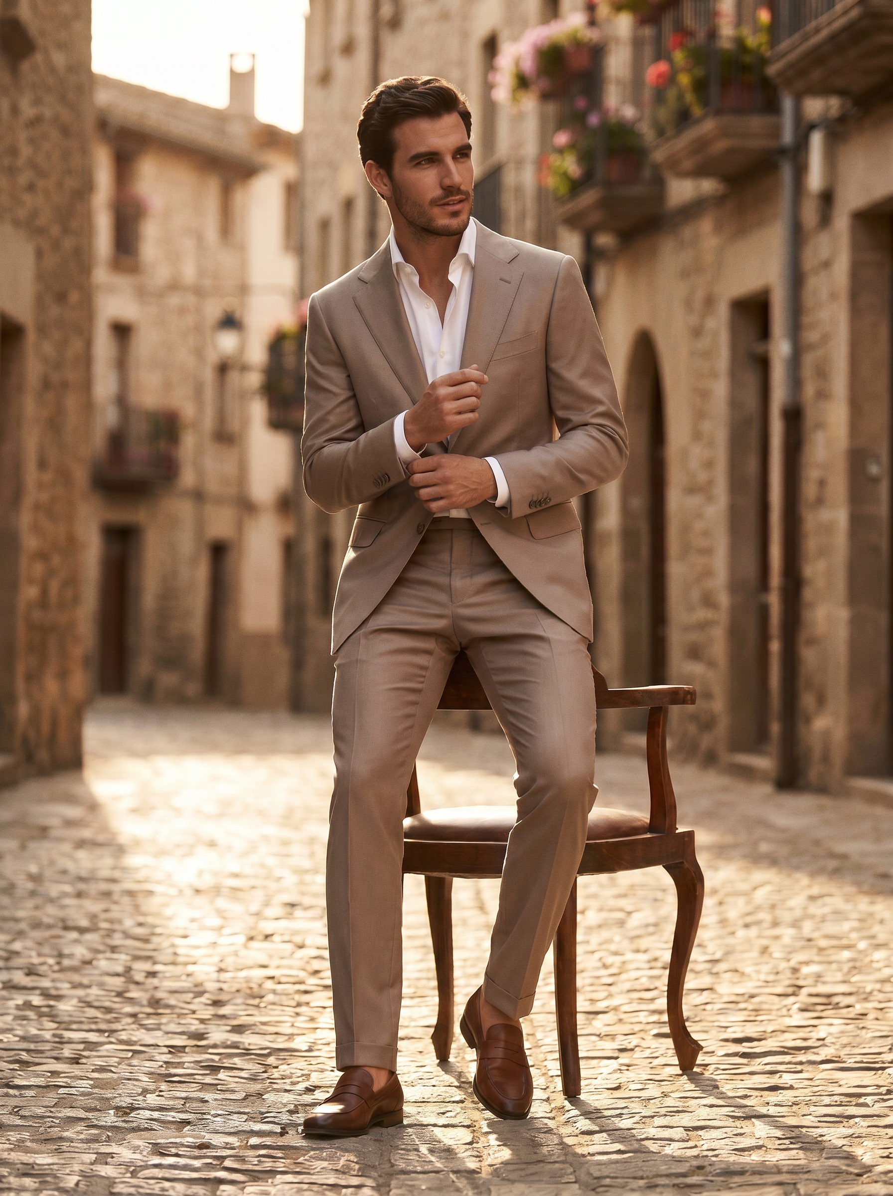 Light Taupe Silk Blend Suit — Custom Made to Measure - seated view