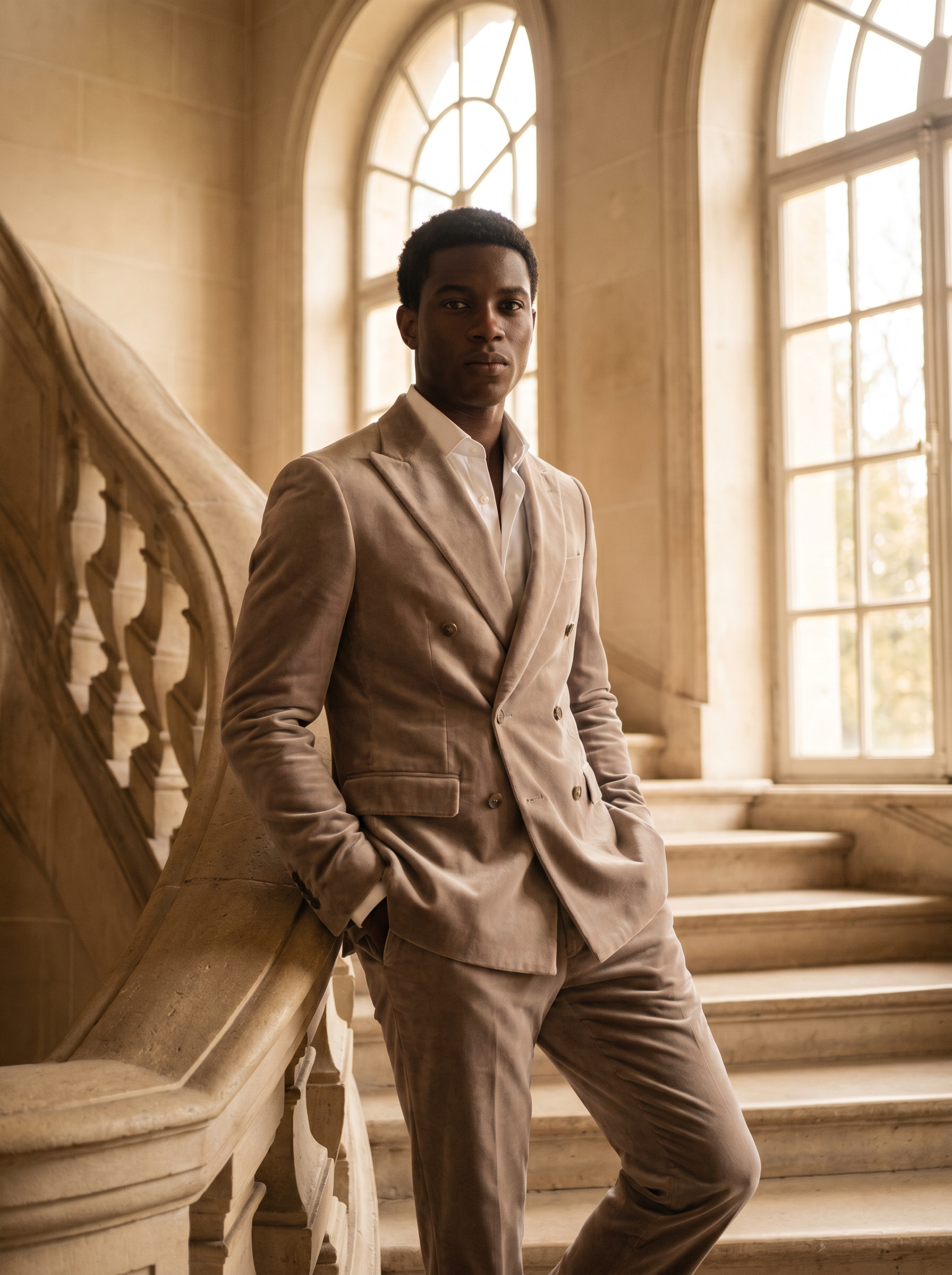 Light Taupe Velvet Double Breasted Suit — Custom Made to Measure - front view