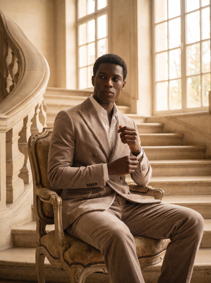Light Taupe Velvet Double Breasted Suit — Custom Made to Measure - seated view