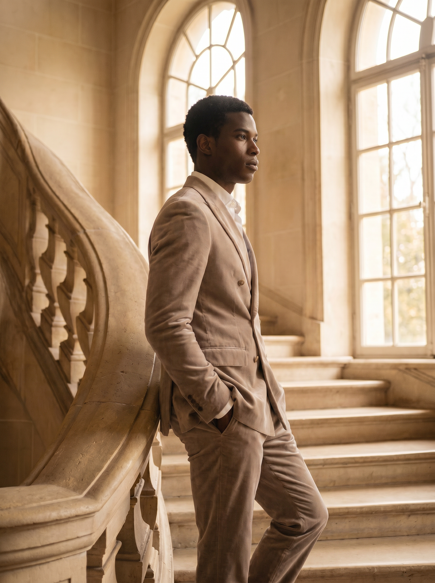 Light Taupe Velvet Double Breasted Suit — Custom Made to Measure - side view