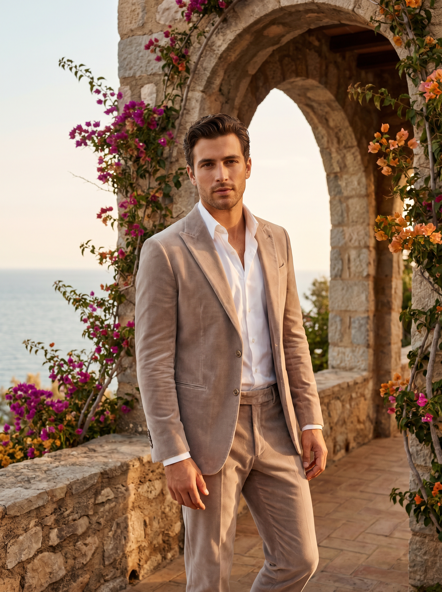 Light Taupe Velvet Groomsmen Suit — Custom Made to Measure - front view