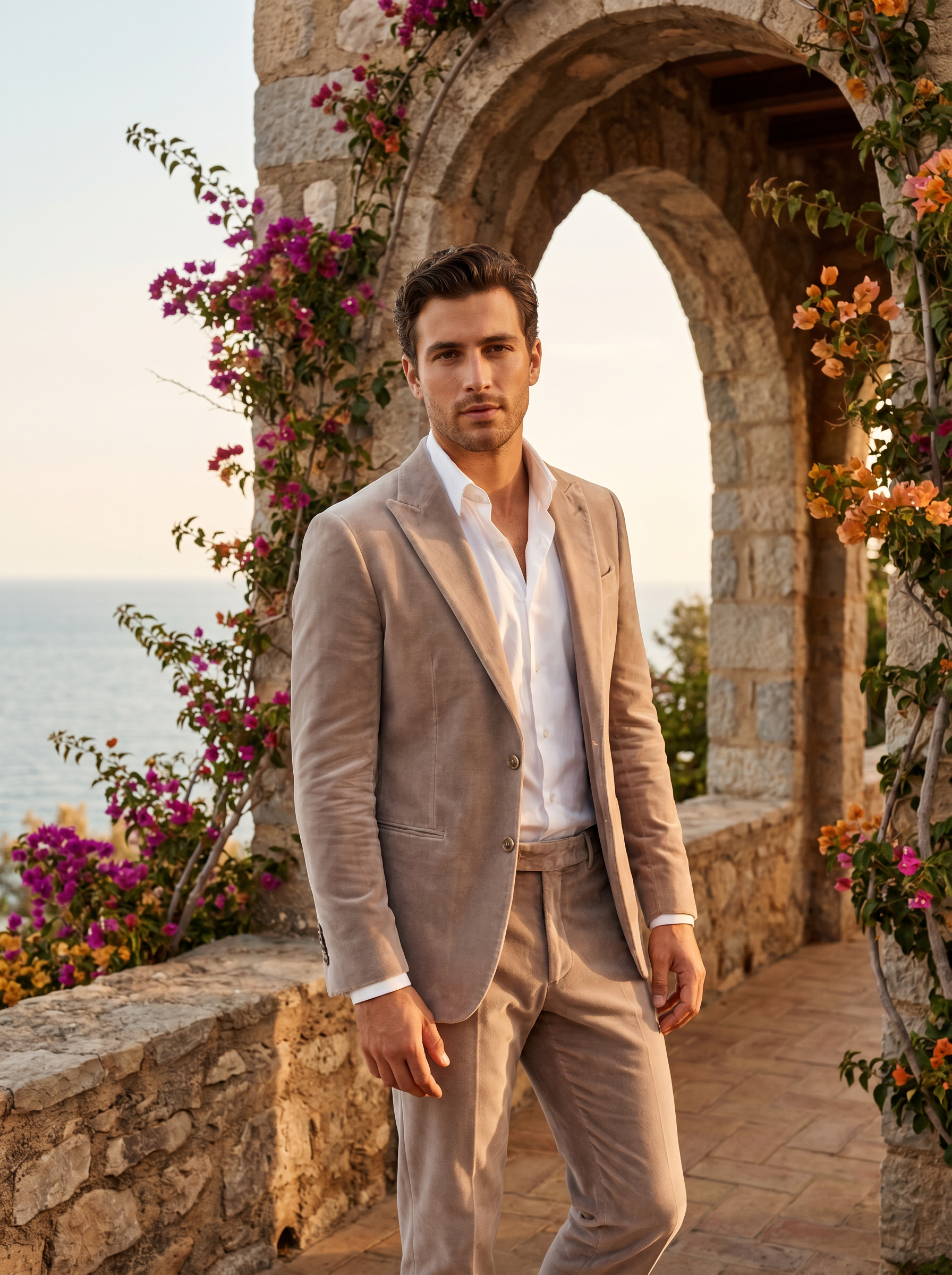 Light Taupe Velvet Groomsmen Suit — Custom Made to Measure - front view