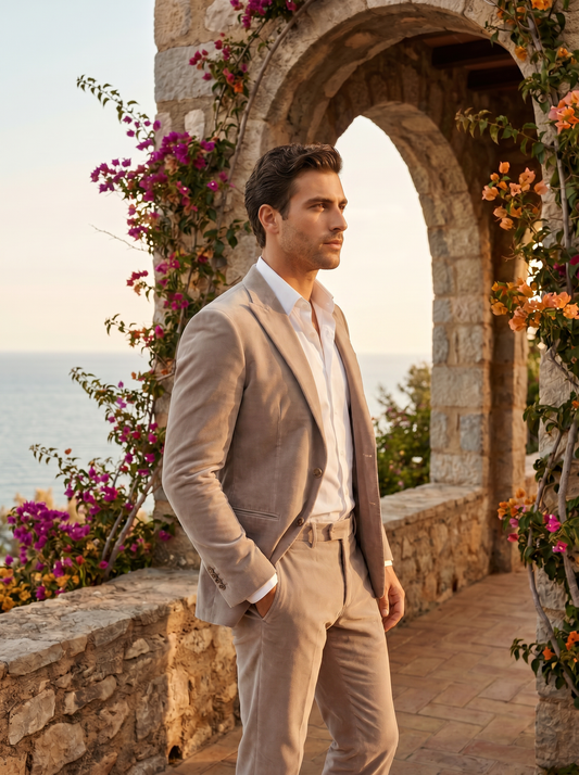 Light Taupe Velvet Groomsmen Suit — Custom Made to Measure - side view
