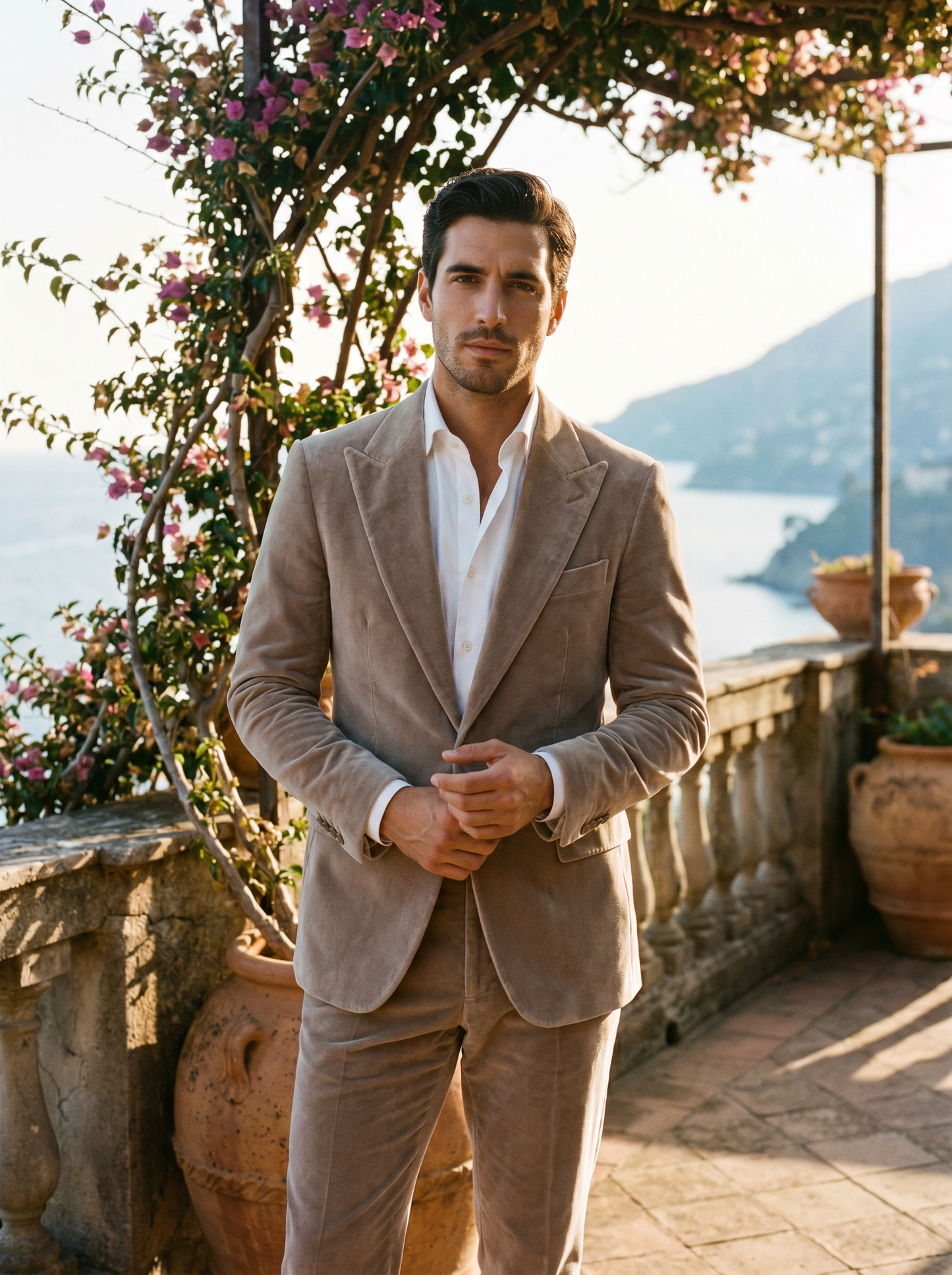 Light Taupe Velvet Suit — Custom Made to Measure - front view