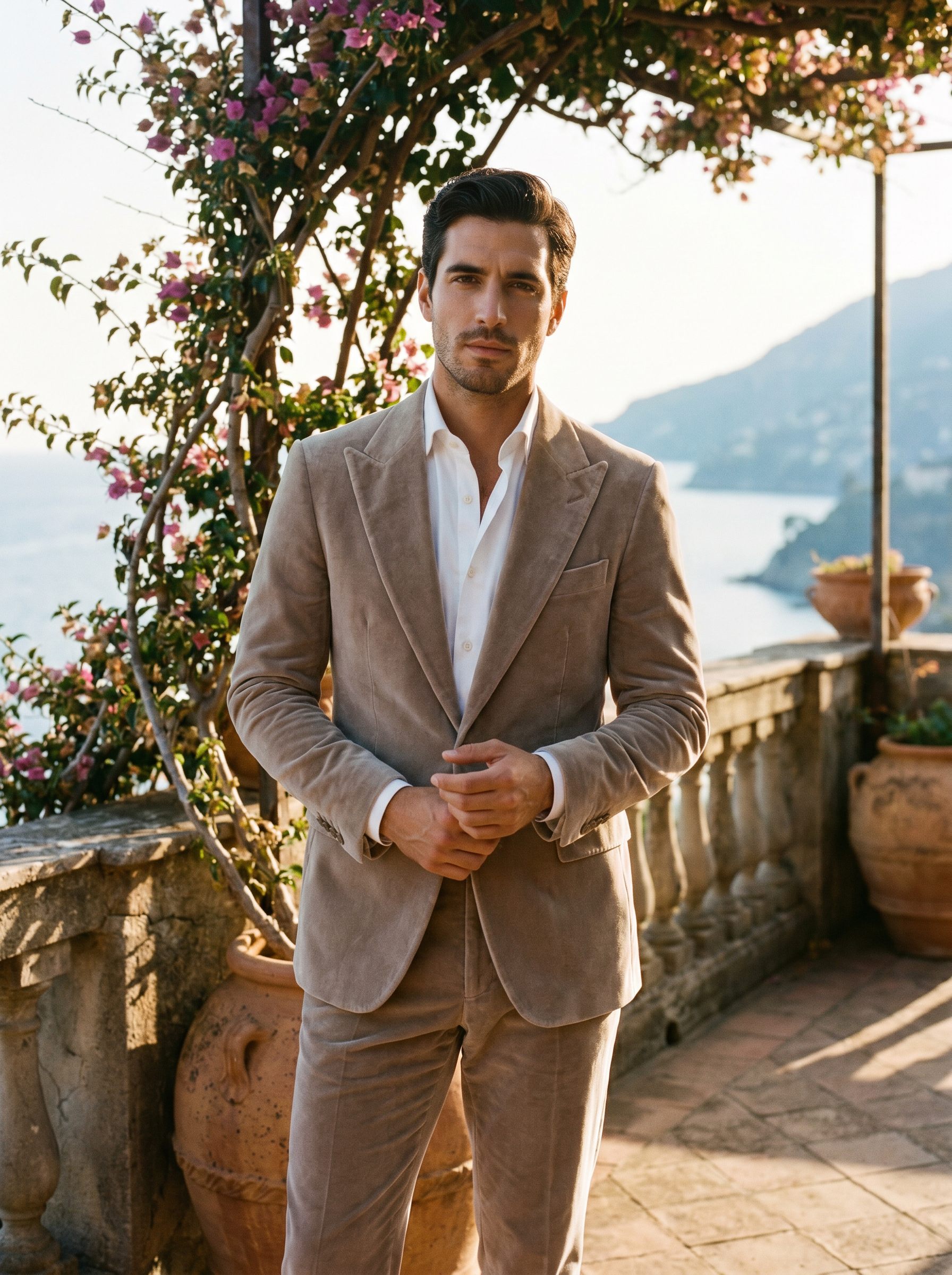 Light Taupe Velvet Suit — Custom Made to Measure - front view