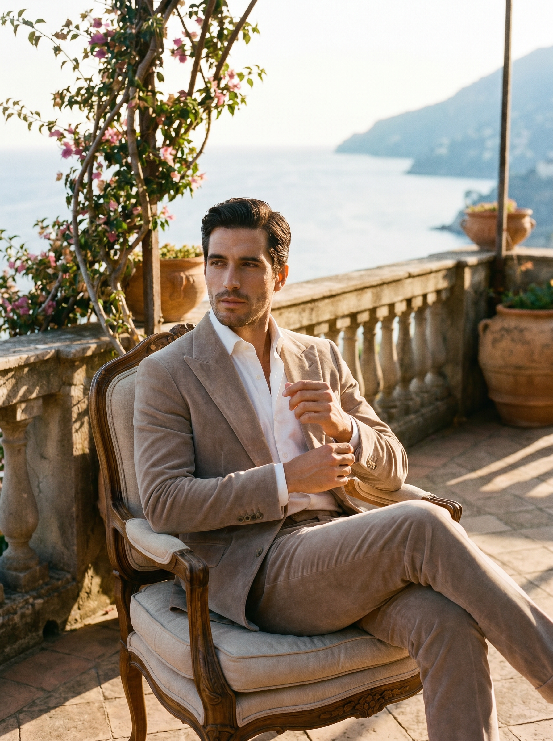 Light Taupe Velvet Suit — Custom Made to Measure - seated view