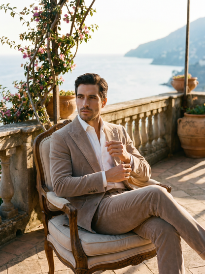 Light Taupe Velvet Suit — Custom Made to Measure - seated view