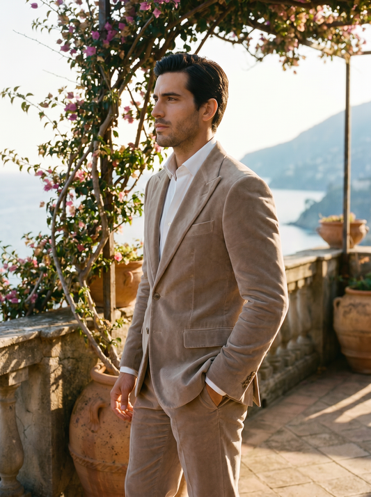Light Taupe Velvet Suit — Custom Made to Measure - side view