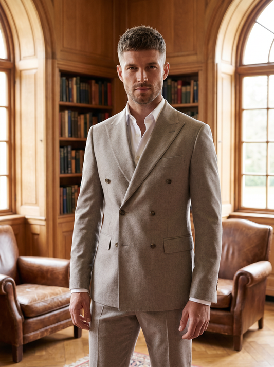 Light Taupe Wool Double Breasted Suit — Custom Made to Measure - front view