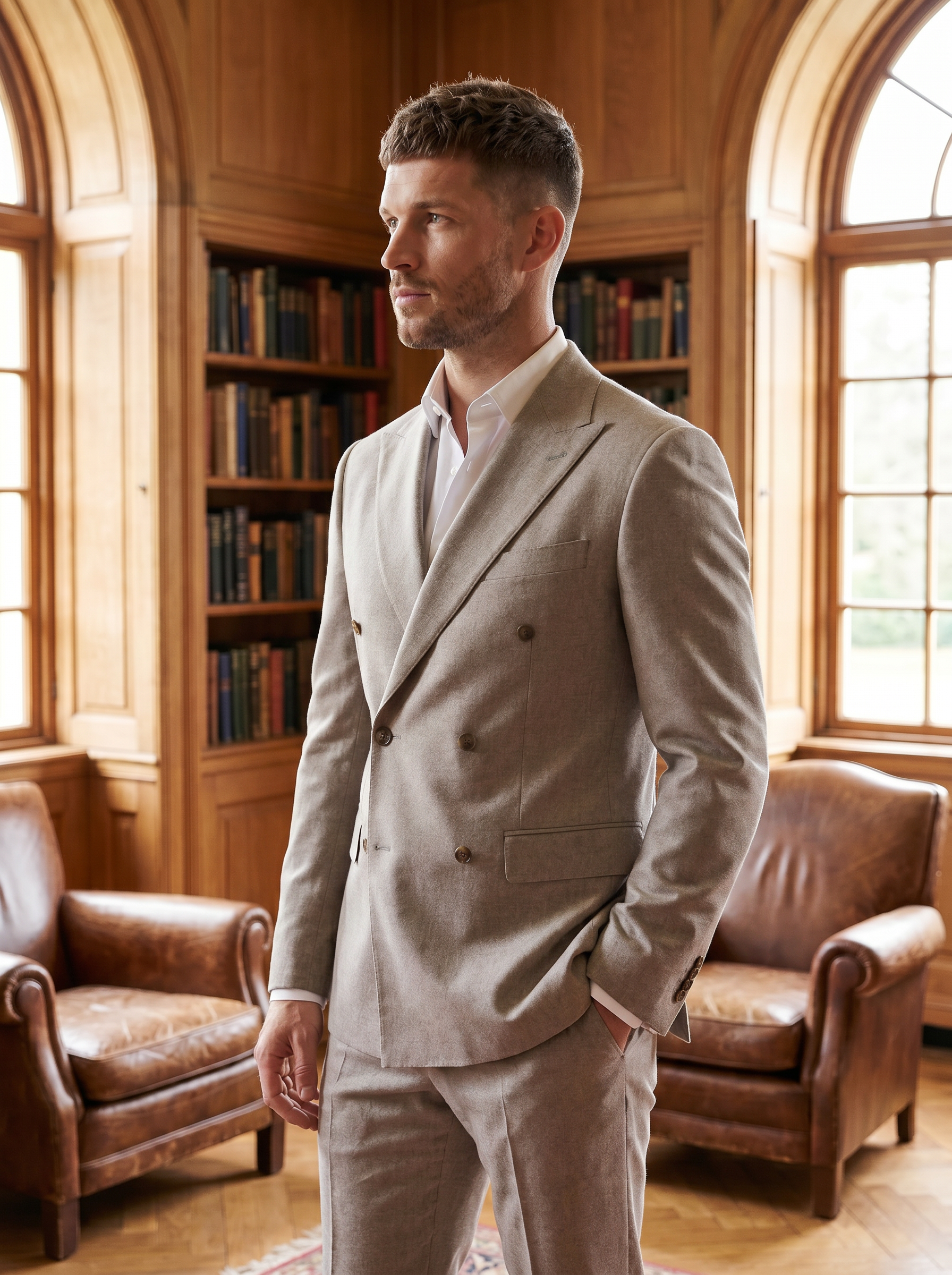 Light Taupe Wool Double Breasted Suit — Custom Made to Measure - side view