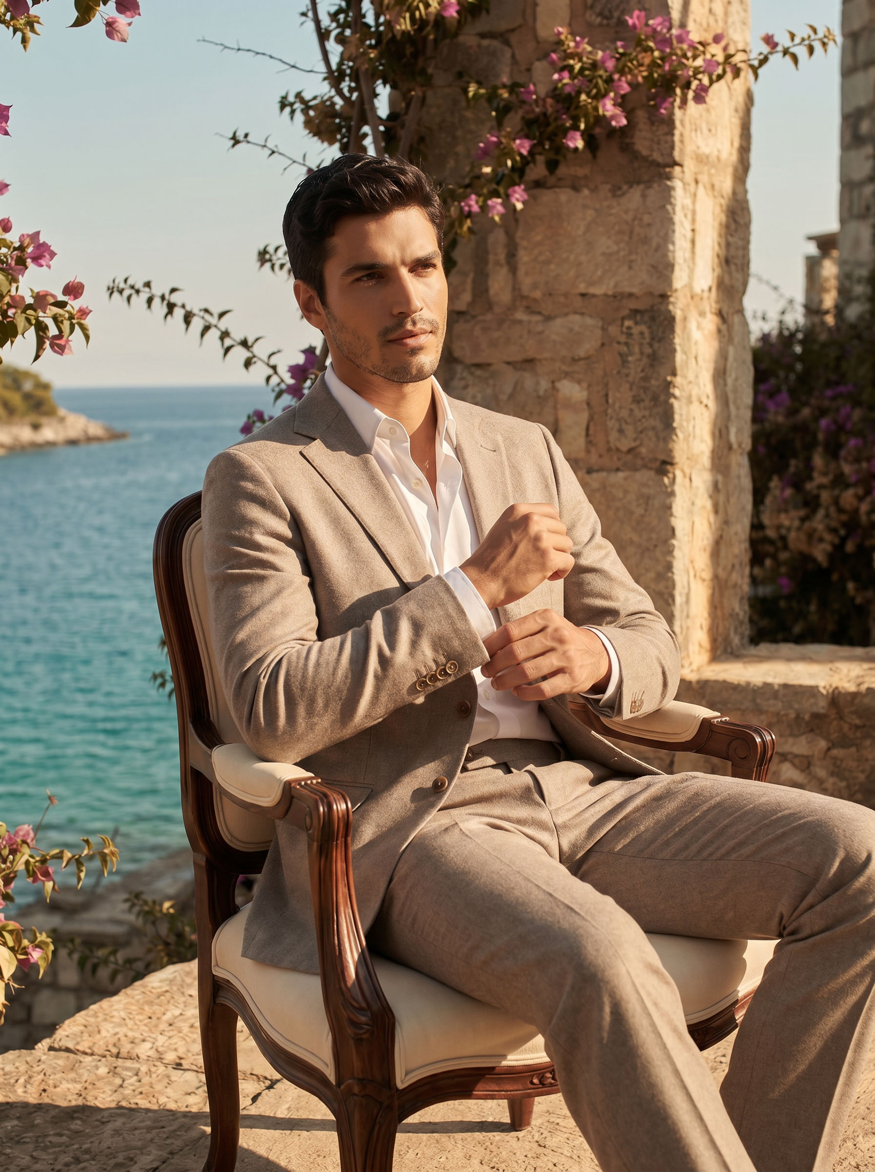 Light Taupe Wool Groomsmen Suit — Custom Made to Measure - seated view