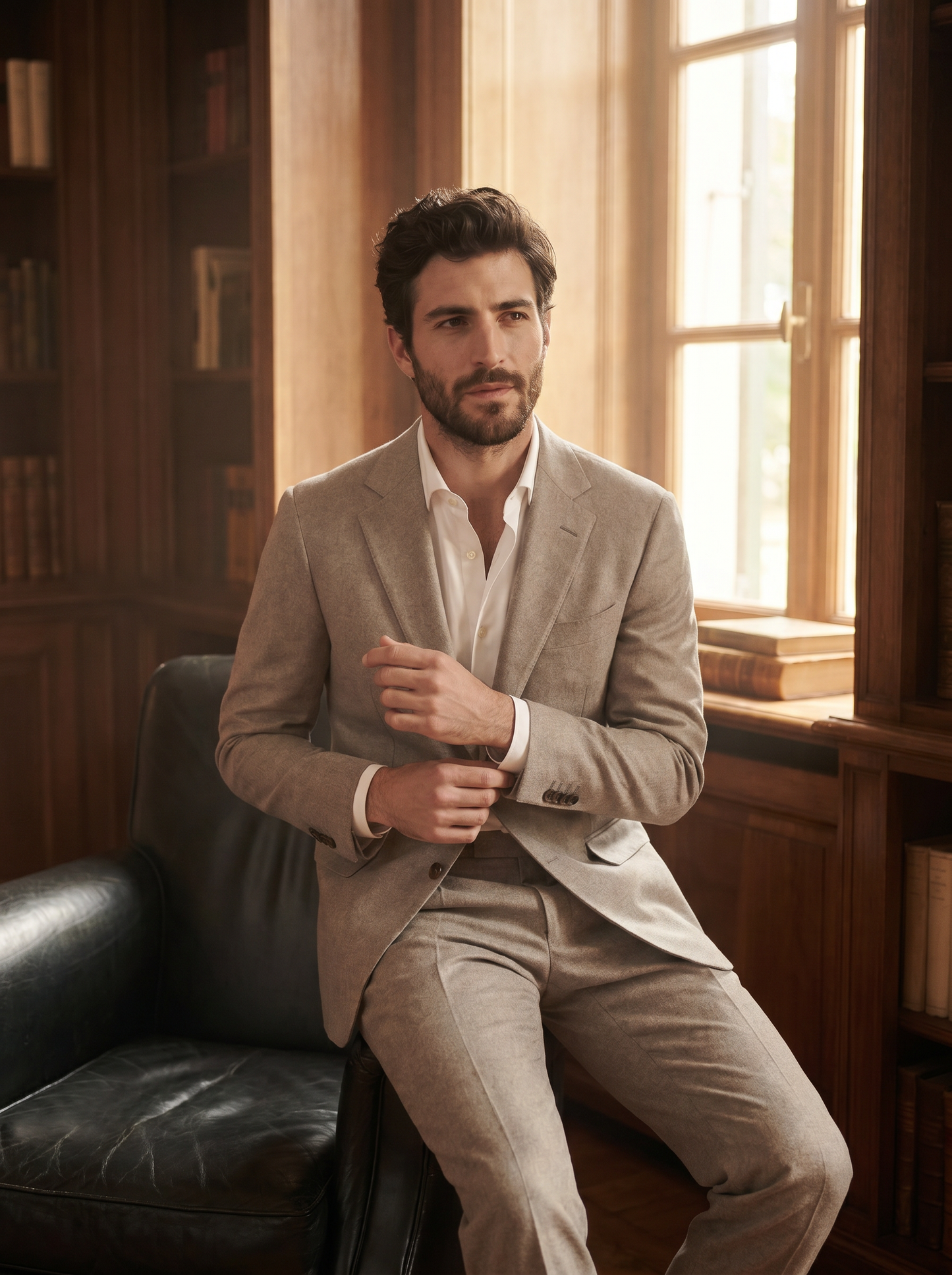 Light Taupe Wool Suit — Custom Made to Measure - seated view