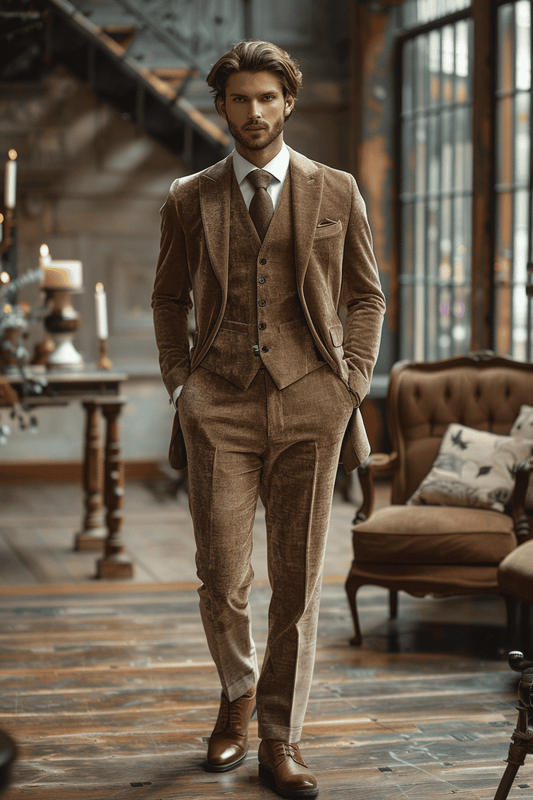 Light Taupe Velvet Cocktail Party Suit — Custom Made to Measure