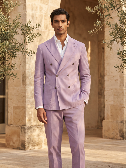 Lilac Cotton Double Breasted Suit — Custom Made to Measure - front view