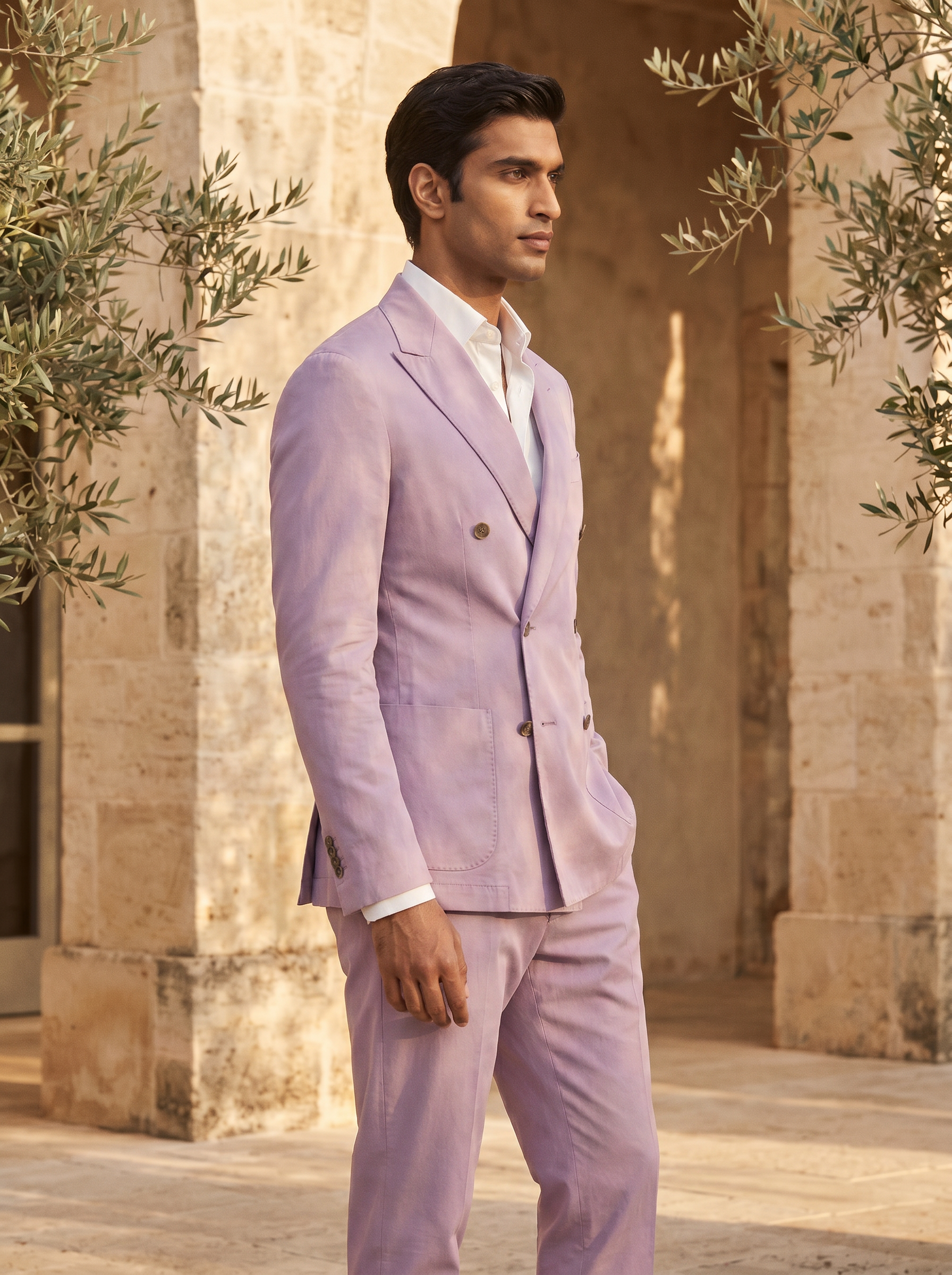 Lilac Cotton Double Breasted Suit — Custom Made to Measure - side view