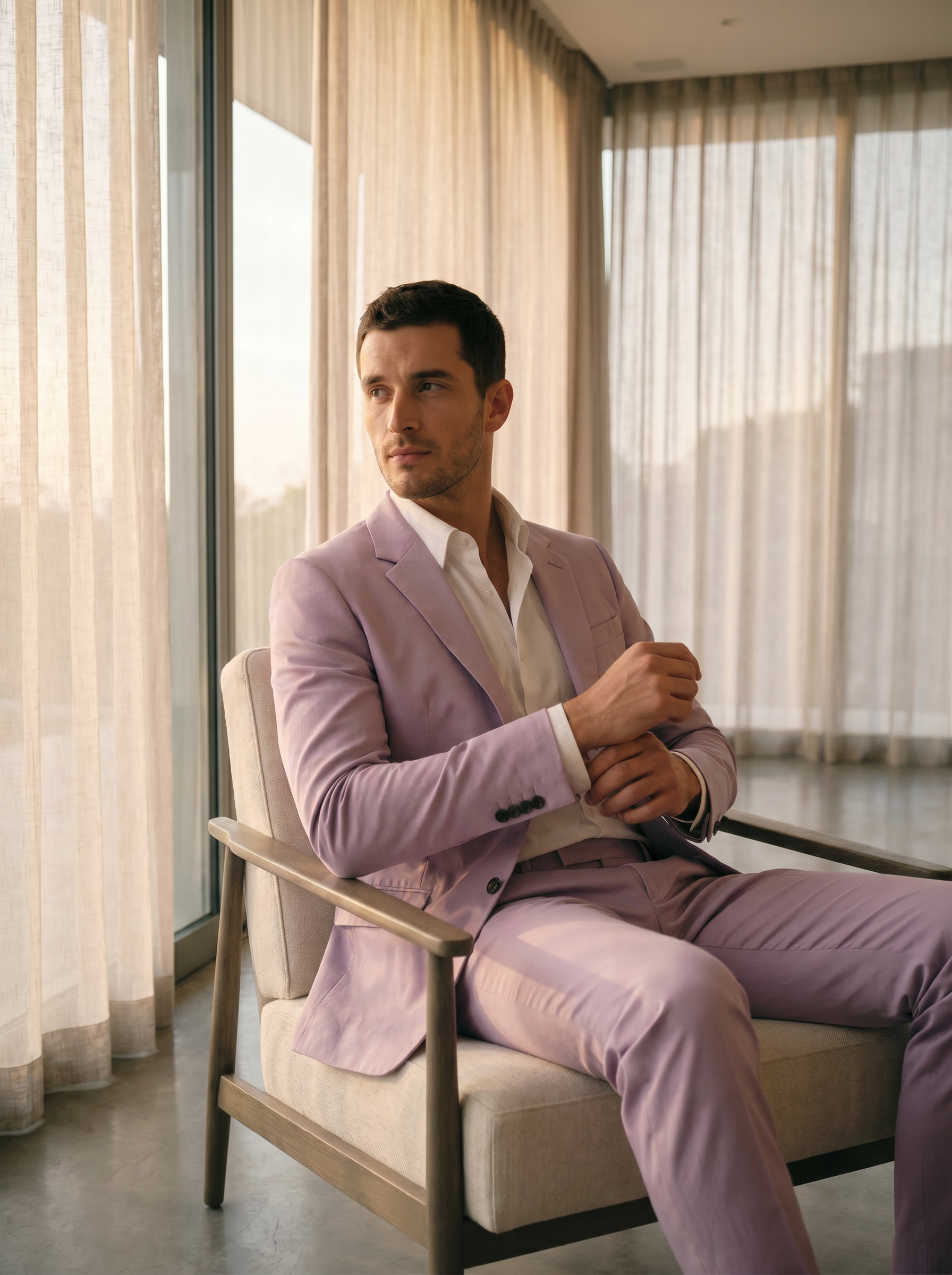 Lilac Cotton Suit — Custom Made to Measure - seated view