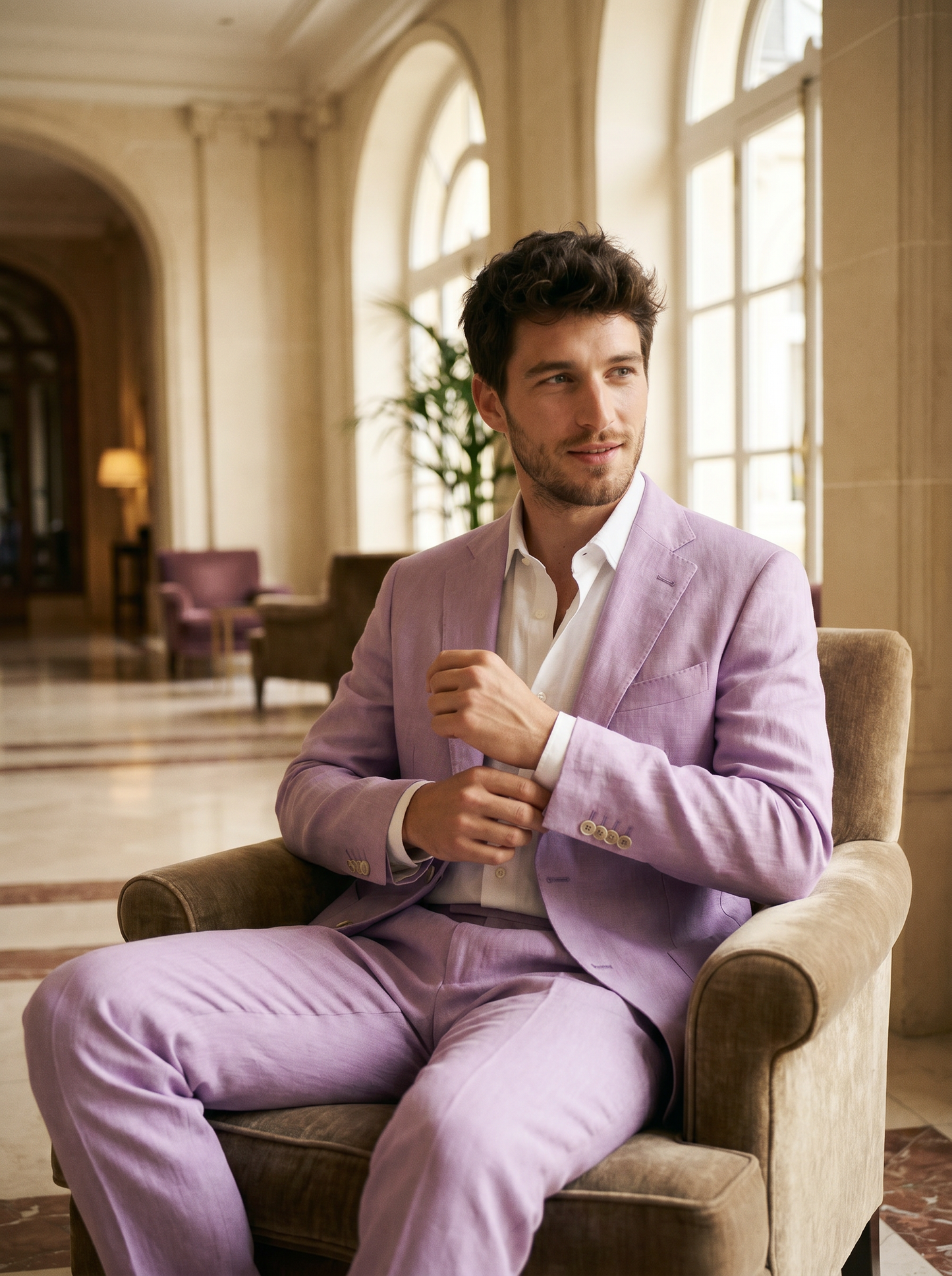 Lilac Linen Suit — Custom Made to Measure - seated view