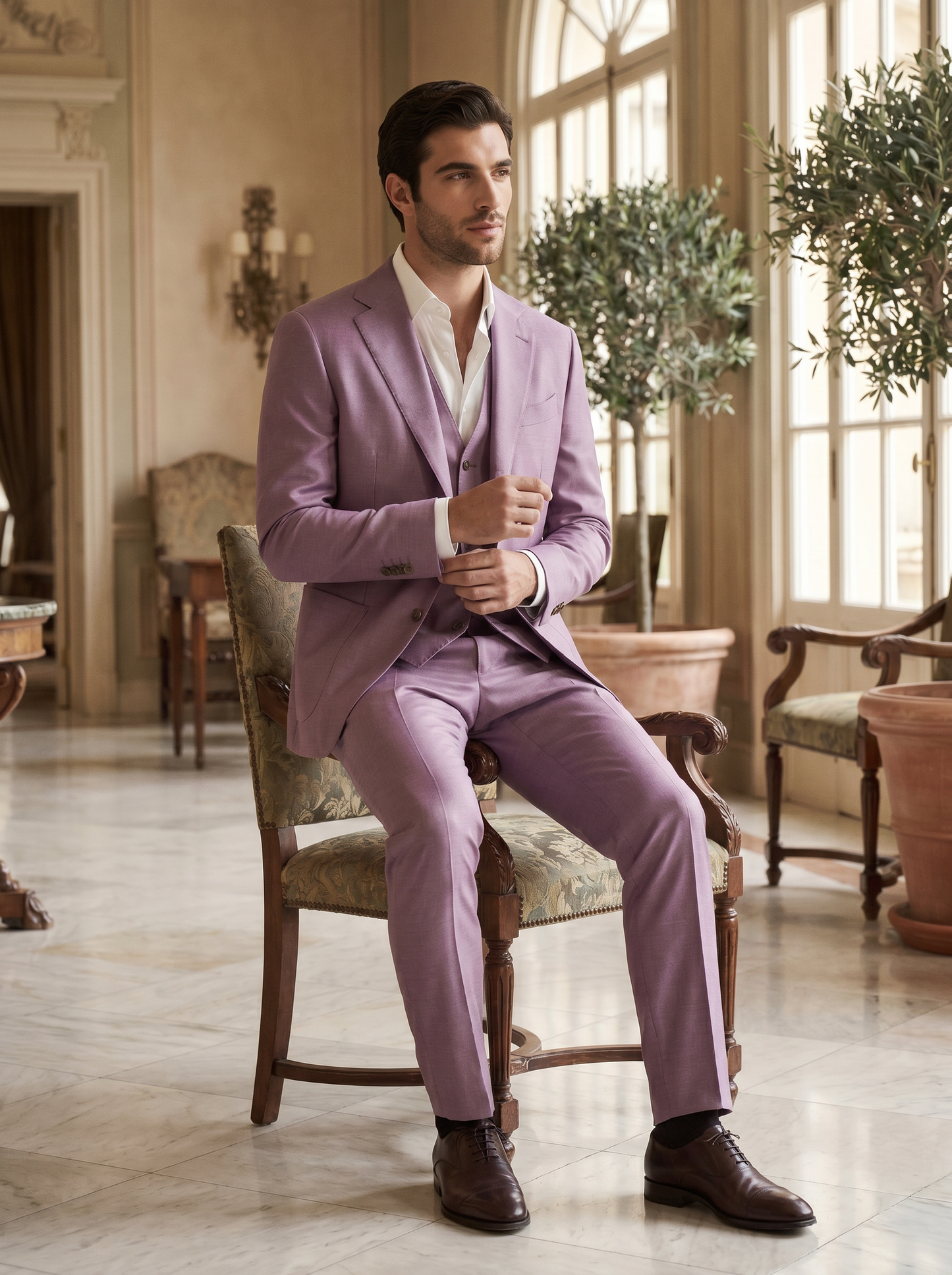 Lilac Silk Blend 3-Piece Suit — Custom Made to Measure - seated view