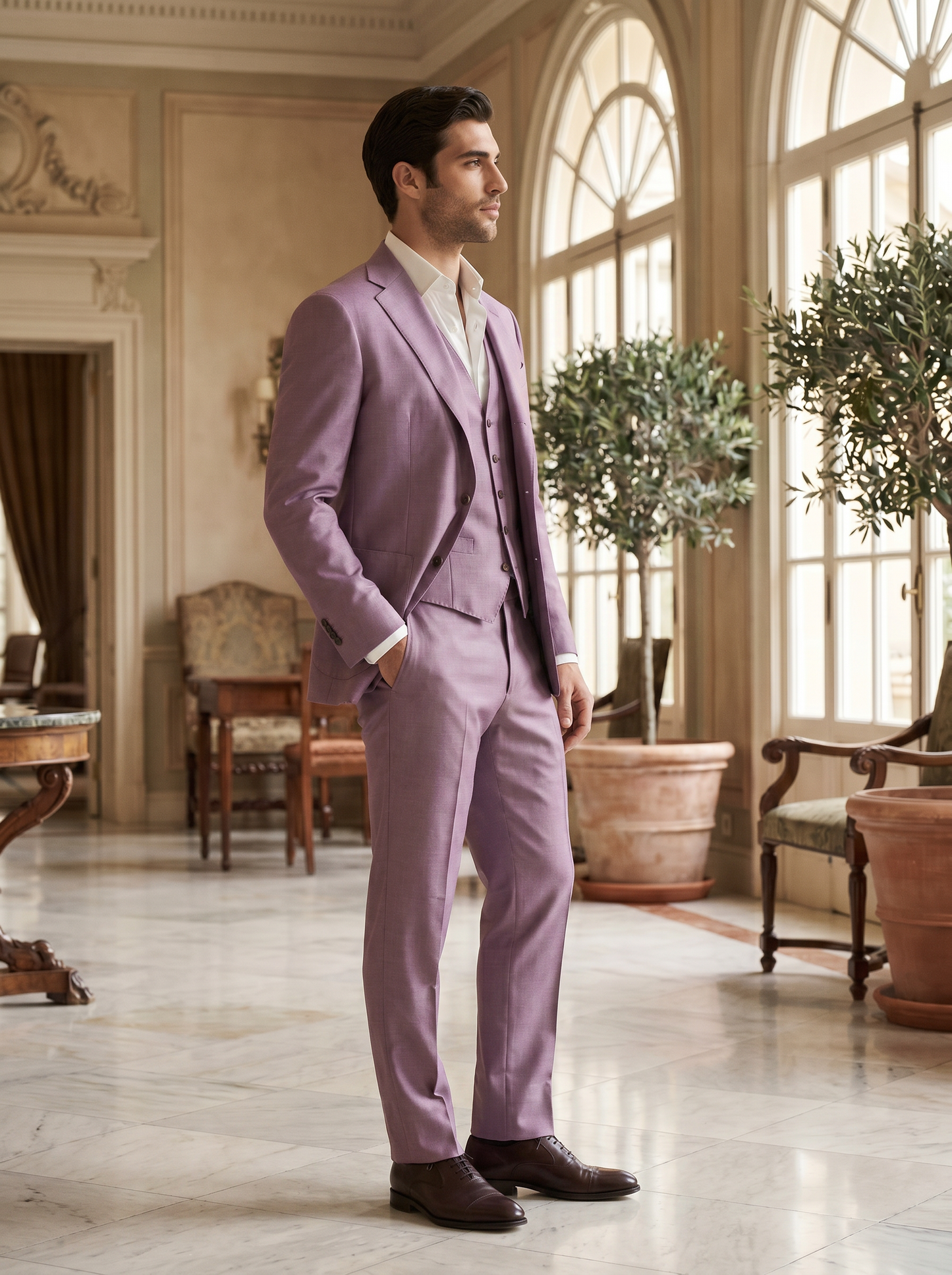 Lilac Silk Blend 3-Piece Suit — Custom Made to Measure - side view