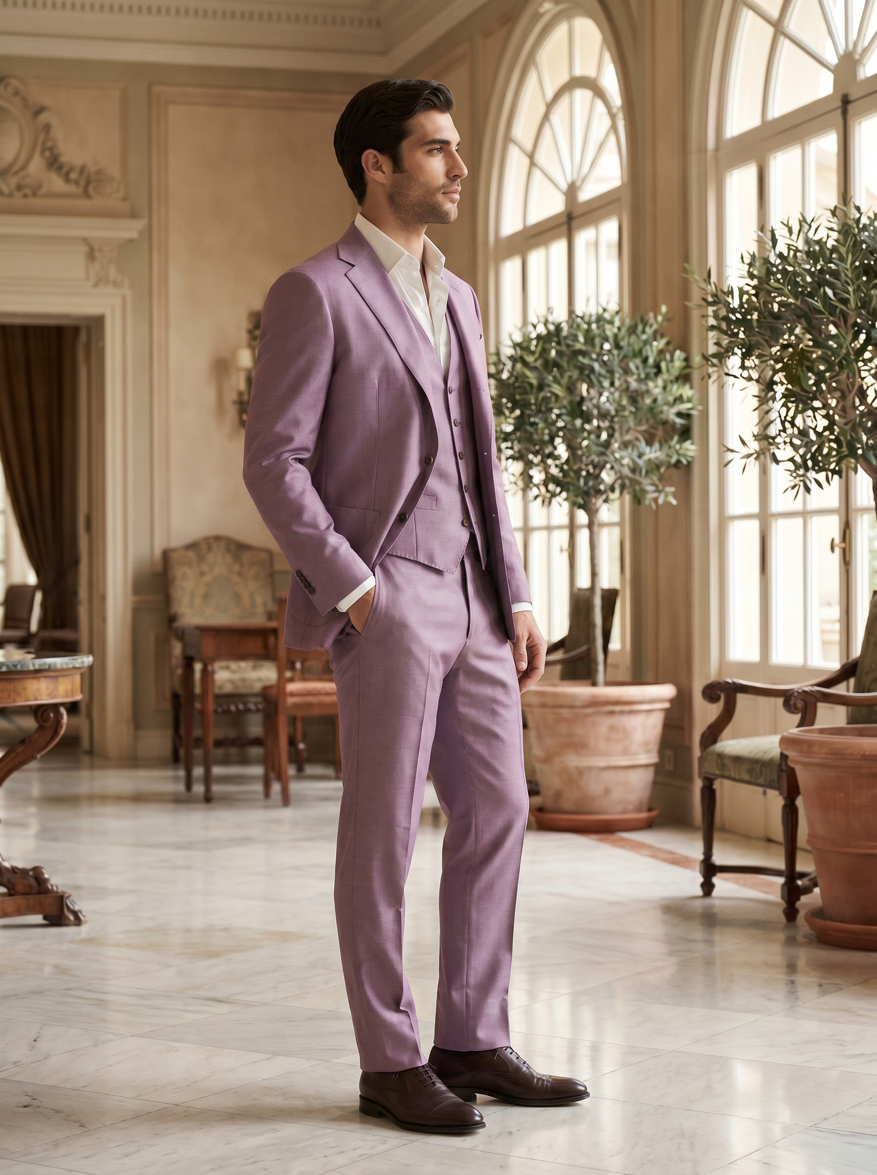 Lilac Silk Blend 3-Piece Suit — Custom Made to Measure - side view